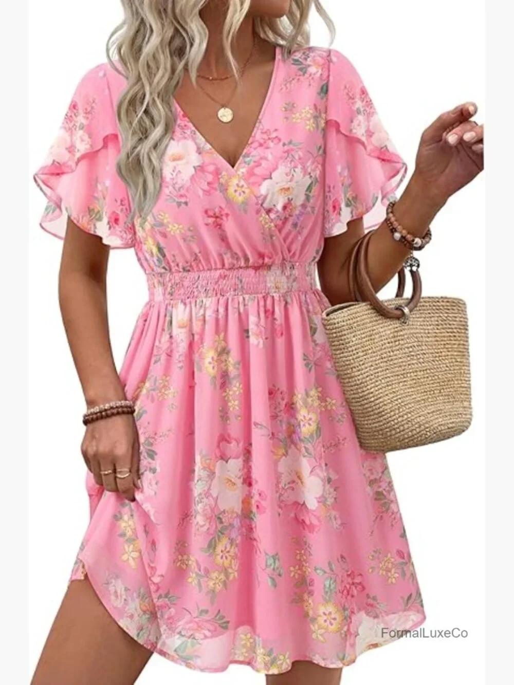 Women's Ruffle Sleeve V-Neck Flowy Chiffon Mini Dress - Picture 1 of 7
